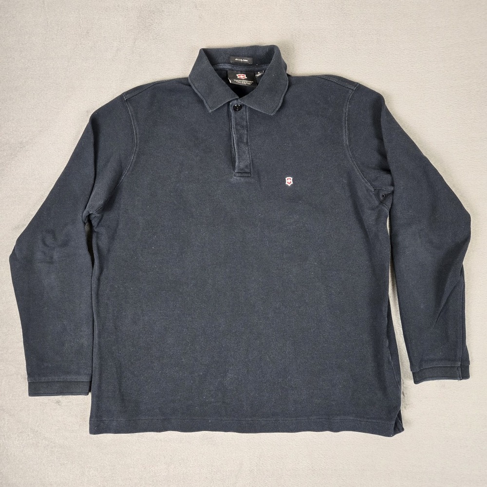Victorinox Polo Shirt Mems Small Black Cotton Long Sleeve Collared Shield Logo